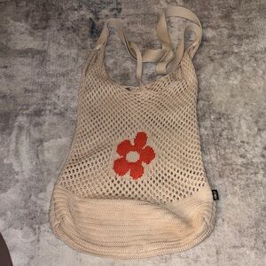 Beige Mesh Tote with Orange Floral Accent